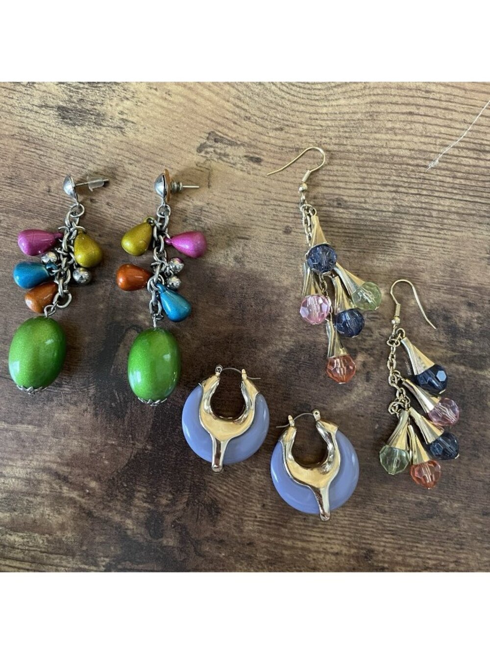 Vintage 90s Earrings Lot 3 Pairs Dangle Dangly Hoops Statement Colorful Pierced